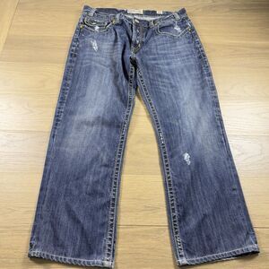 MEK DNM Jeans Men 38x32 Oaxaca B2 Boot Baggy Embroidered Distressed Blue Denim